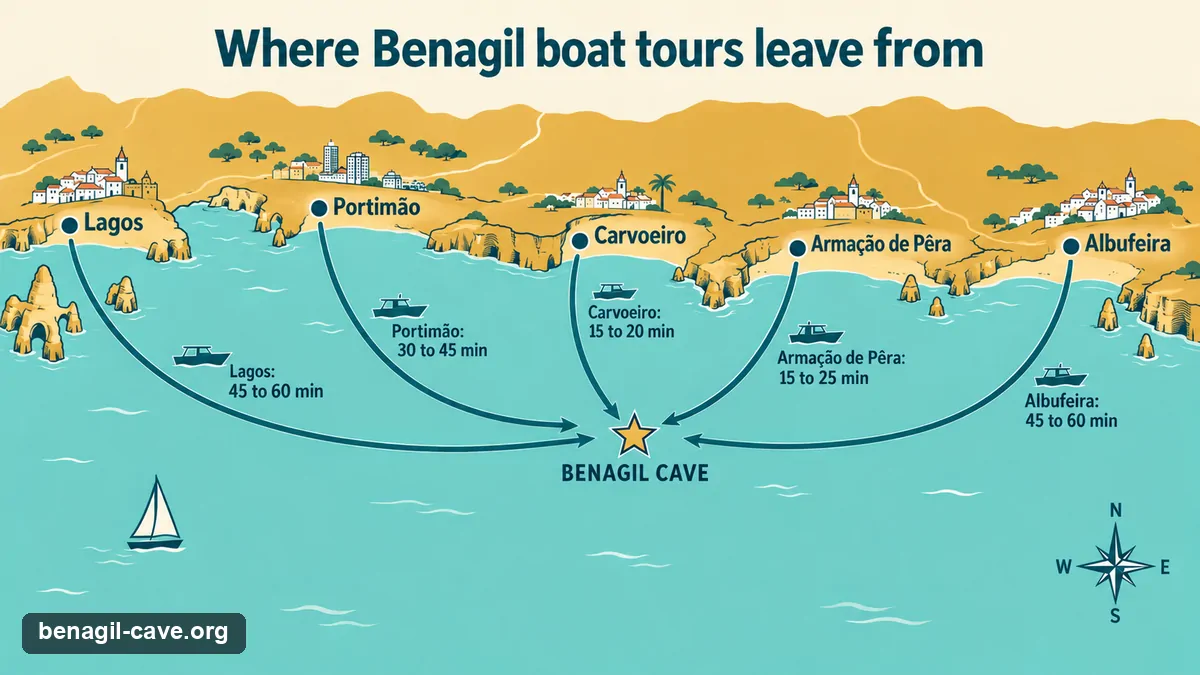 Schematic map of the Algarve coast showing one-way sea times to Benagil Cave from Lagos, Portimao, Carvoeiro, Armacao de Pera and Albufeira