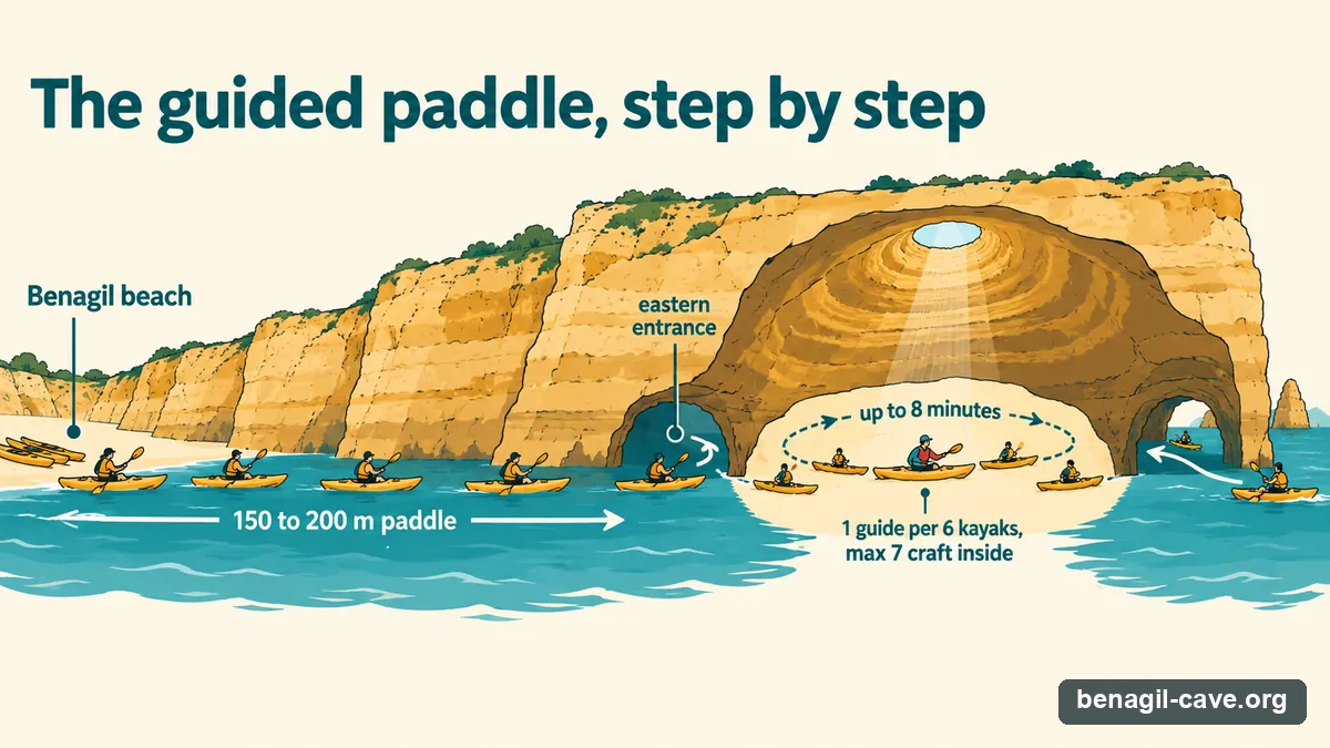 Route diagram of a guided kayak visit to Benagil Cave: launch from Benagil beach, paddle 150 to 200 metres, enter by the eastern entrance for up to eight minutes