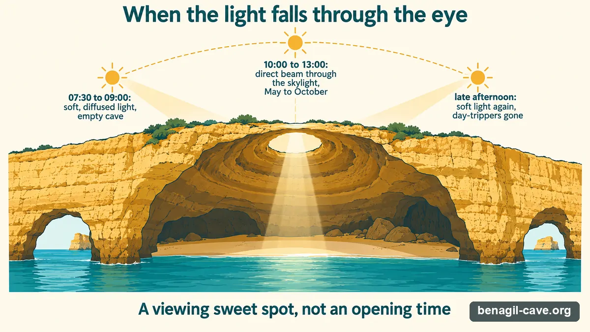 Cross-section of Benagil Cave showing when sunlight falls through the skylight: soft early light, a direct beam from 10:00 to 13:00, and soft late-afternoon light