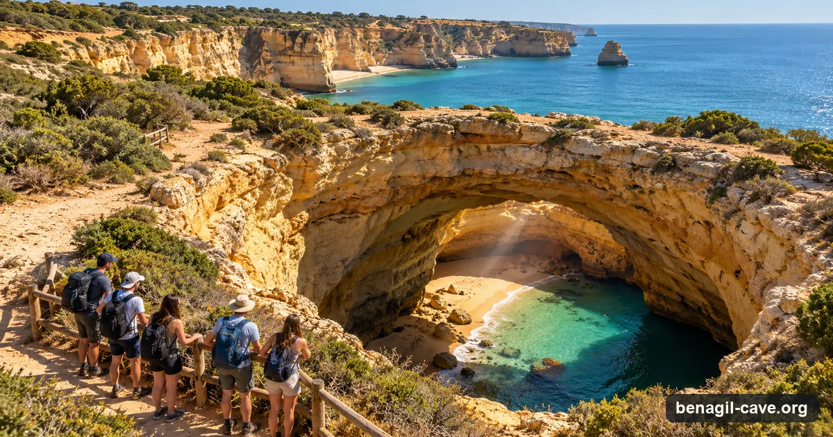 Illustration of walkers at a clifftop fence looking down through the round skylight of Benagil Cave to the beach inside