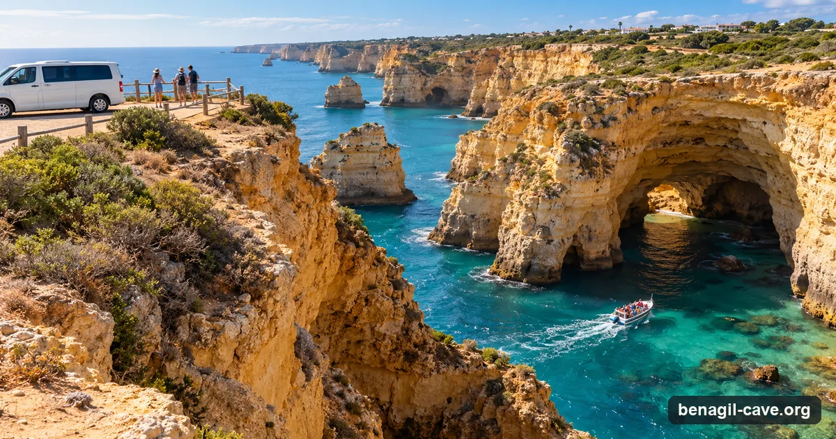 Illustration of a tour minivan at a clifftop viewpoint on the Algarve coast, with a small boat heading for the sea caves below