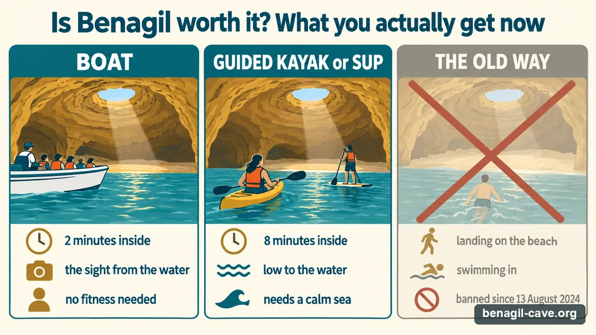 Chart of what a Benagil visit gets you now: two minutes by boat, eight minutes by guided kayak, and the old beach landing and swim-in banned since August 2024
