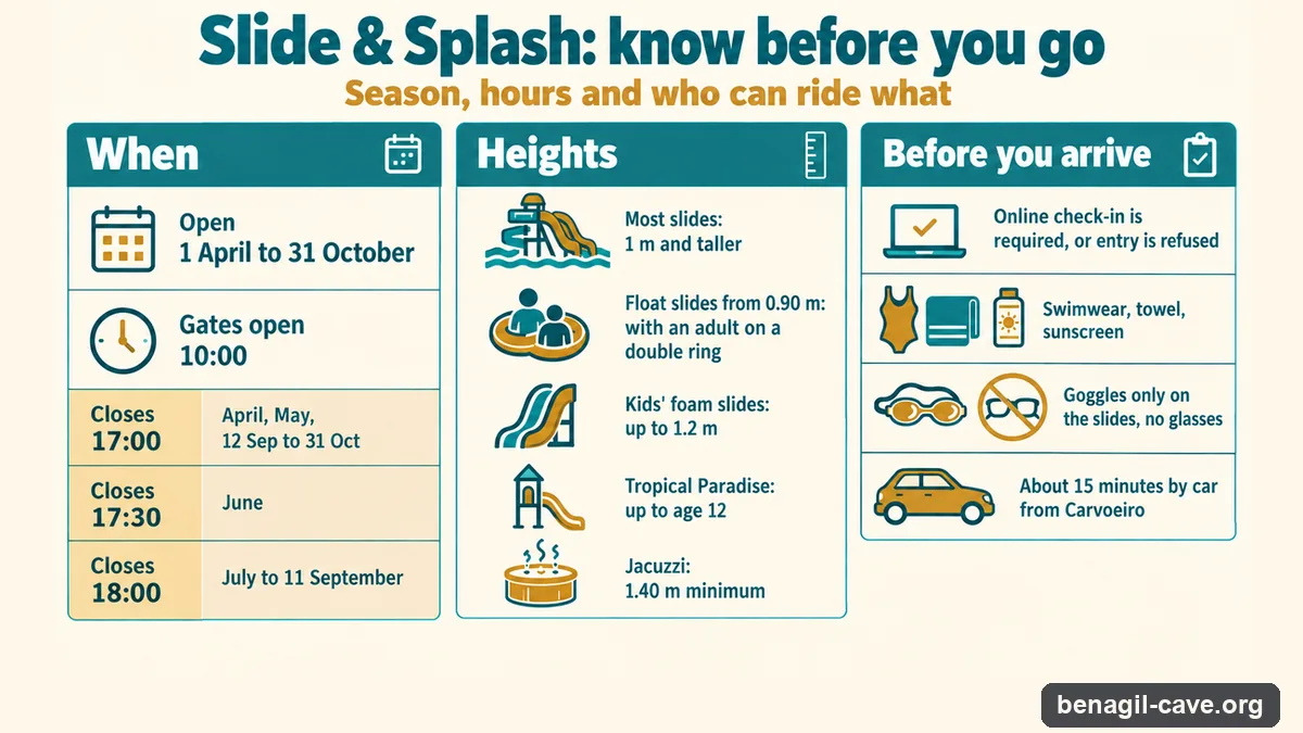 Infographic for Slide & Splash: open 1 April to 31 October from 10:00, closing 17:00 to 18:00 by month; most slides need 1 m height, float slides from 0.90 m with an adult; online check-in required; about 15 minutes from Carvoeiro