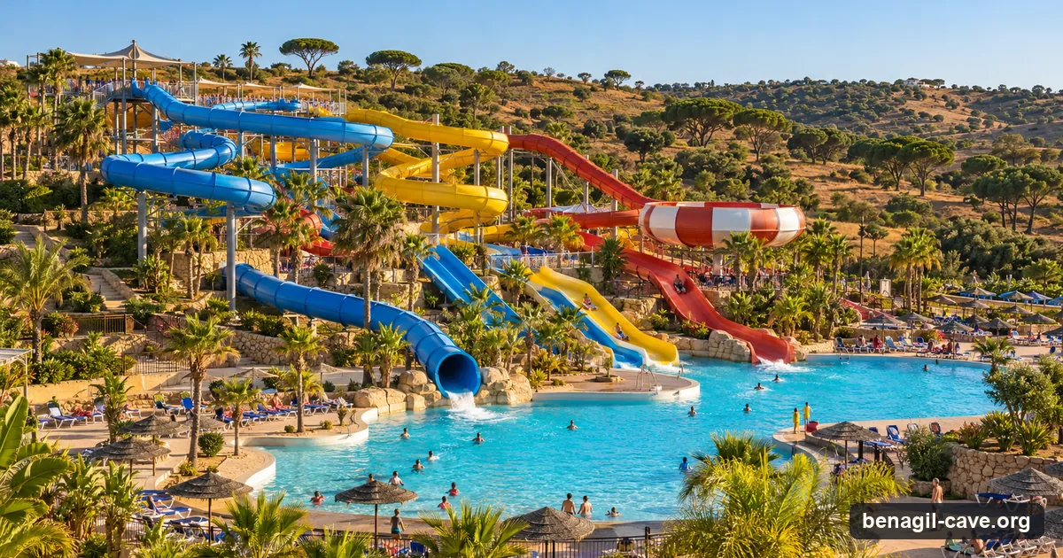 Illustration of colourful water slides winding down a hillside into a large pool in the central Algarve